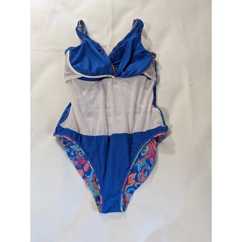 Lauren Ralph Lauren SZ 10 Blue Paisley Ruched One Piece Swimsuit Tummy Control